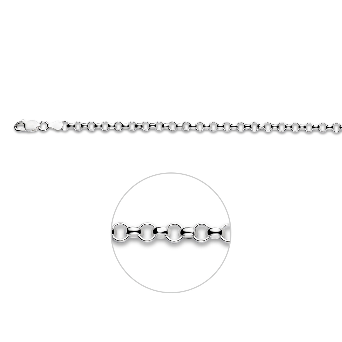 Zilveren lengte artikel met jasseron schakel. De schakelbreedte is 4.5mm.