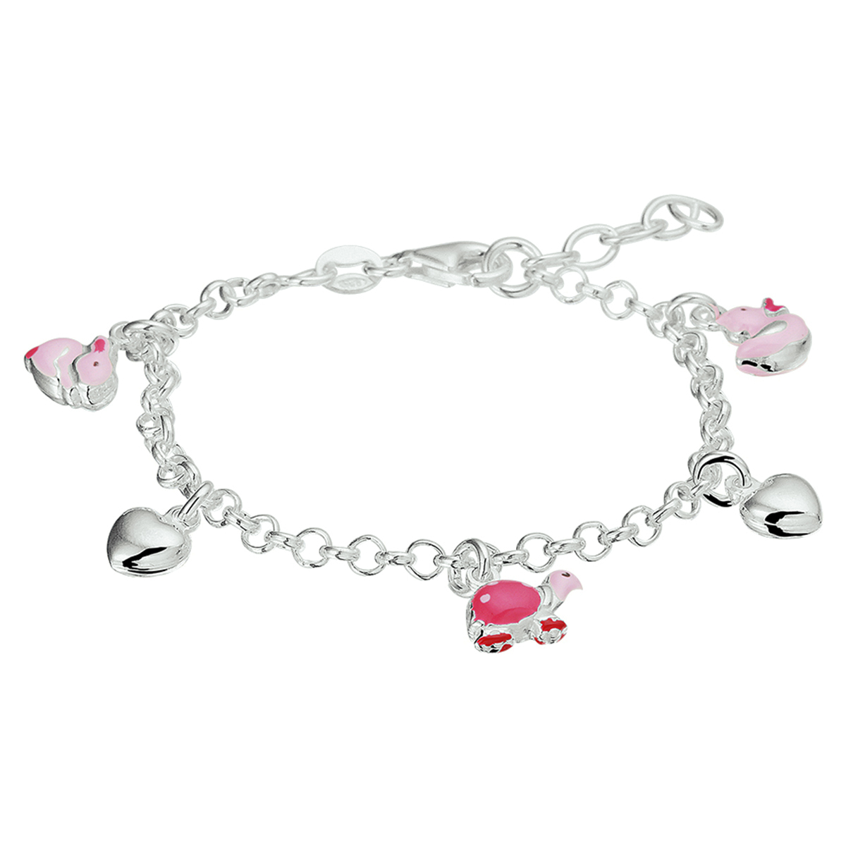Zilveren armband met hartjes en diverse dierenbedels van roze emaille. De armband is onderdeel van een set. De lengte van de armband bedraagt 13cm met 2cm extensie. De schakelbreedte bedraagt 3.0mm.