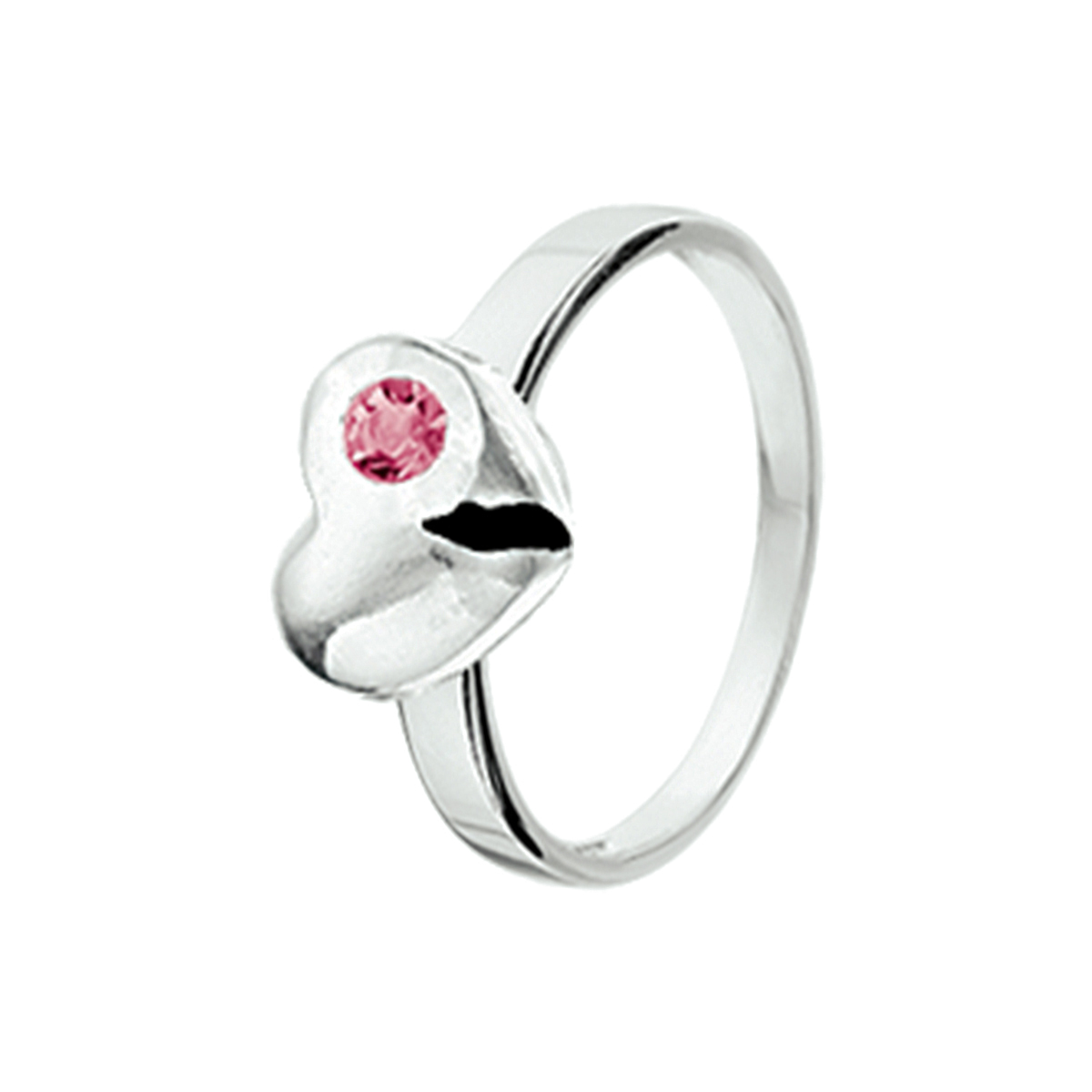 Zilveren ring van 6.5mm breed uitgevoerd met een hart en roze strass.