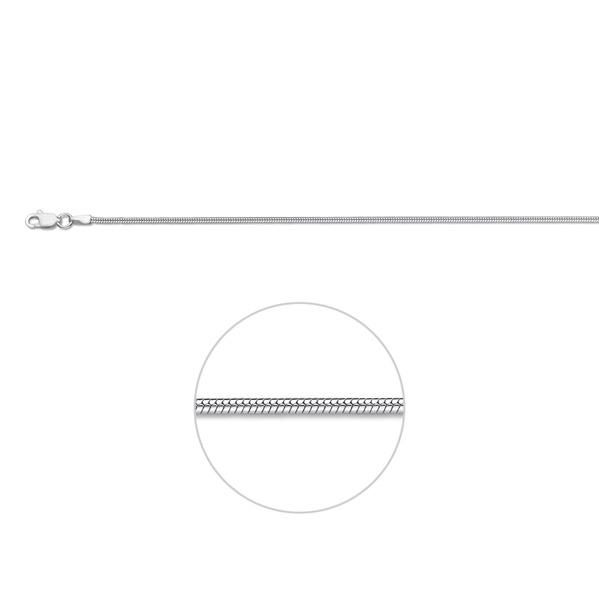 Zilveren slang collier met een draaglengte van 41cm en een extensie van 4cm. Uitgevoerd met een karabijn sluiting. De schakelbreedte is 1.4mm.