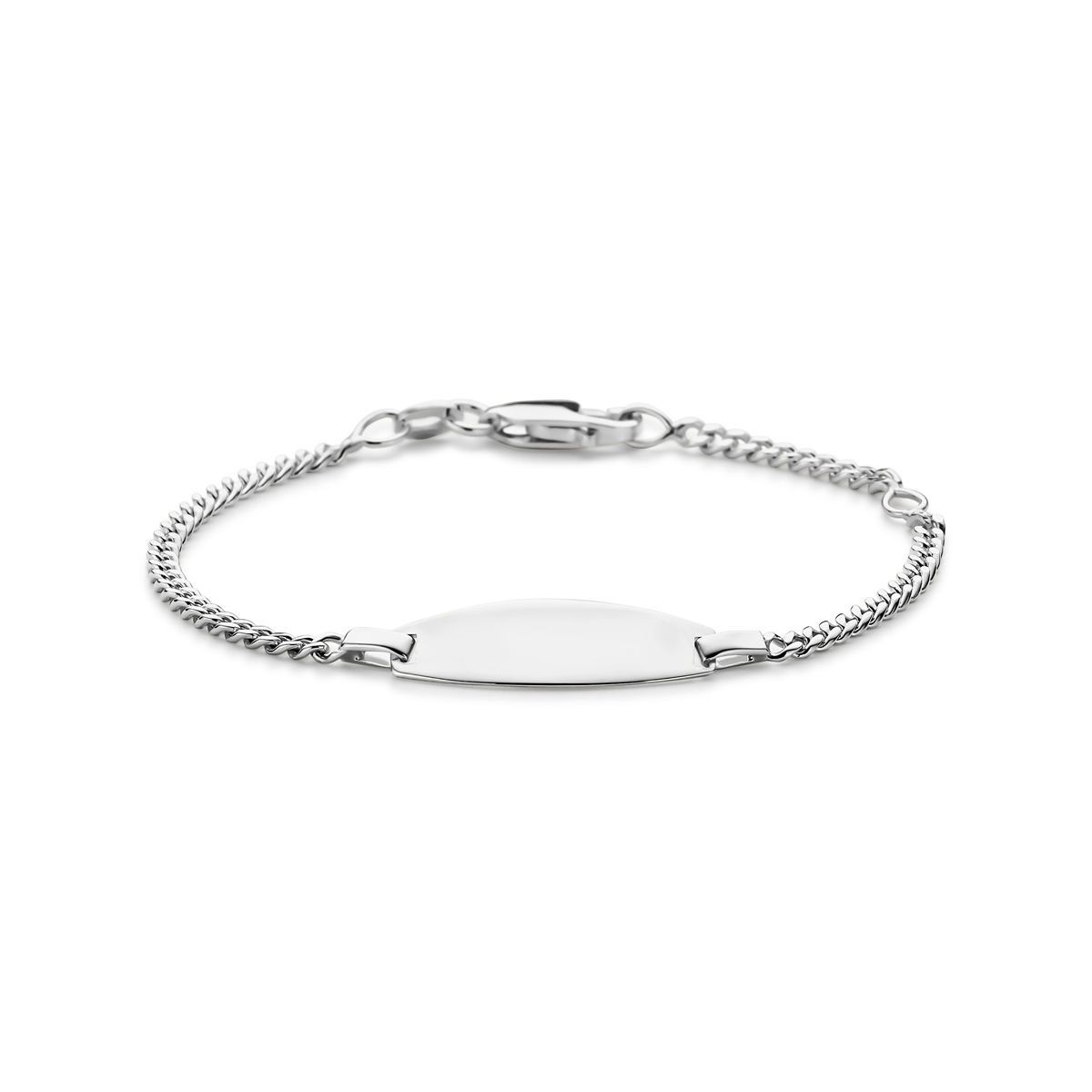 Zilveren 925 graveerarmband met draaglengtes van 11-13cm. De armband heeft een schakelbreedte van 2mm en is uitgevoerd met karabijnsluiting. Het graveerplaatje heeft een afmeting van 6.5x20mm.