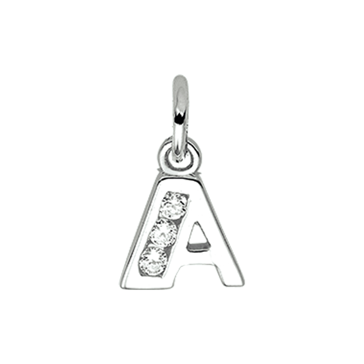 Gerhodineerd zilveren letter hanger uitgevoerd met een schitterende rij van zirkonia.