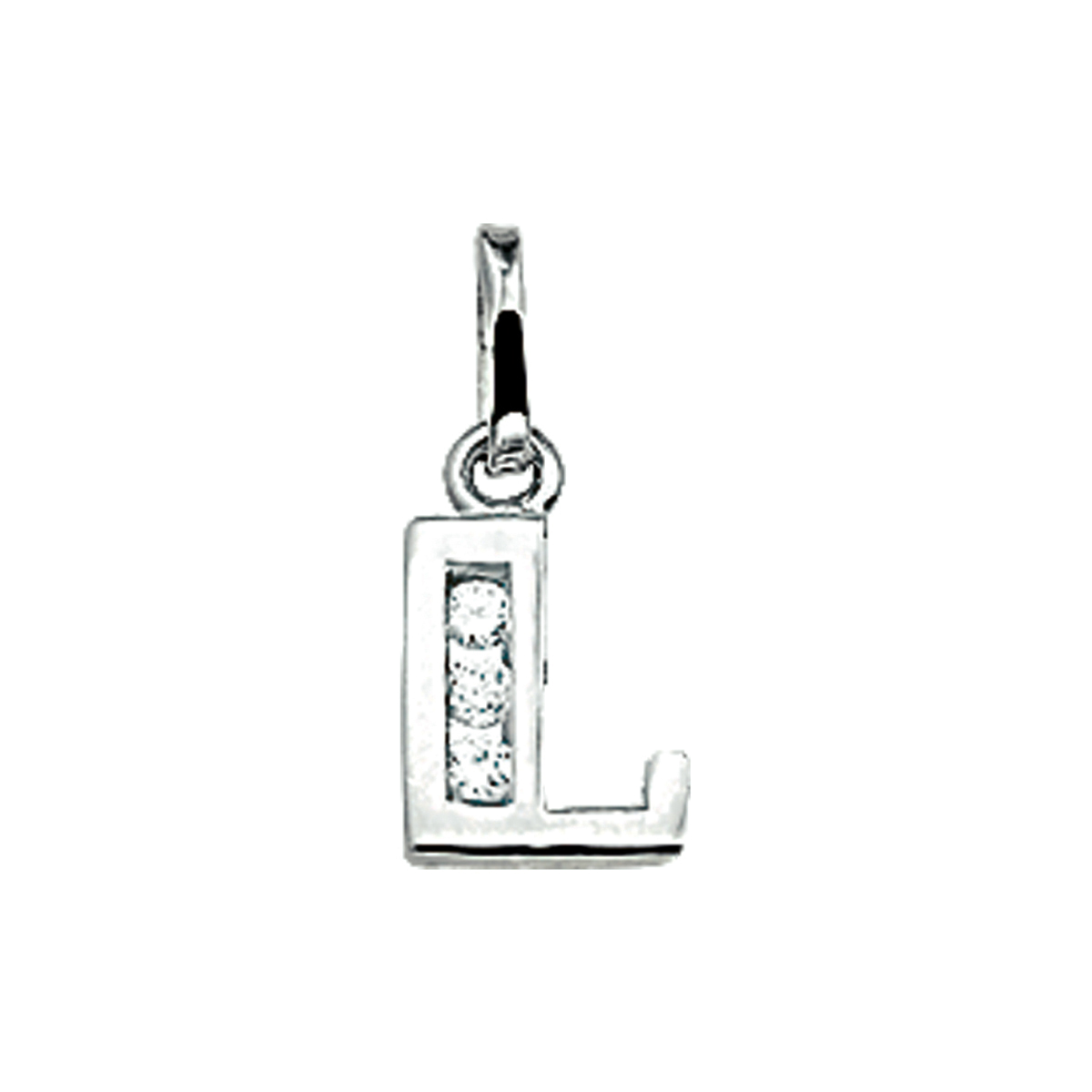 Gerhodineerd zilveren letter hanger uitgevoerd met een schitterende rij van zirkonia.