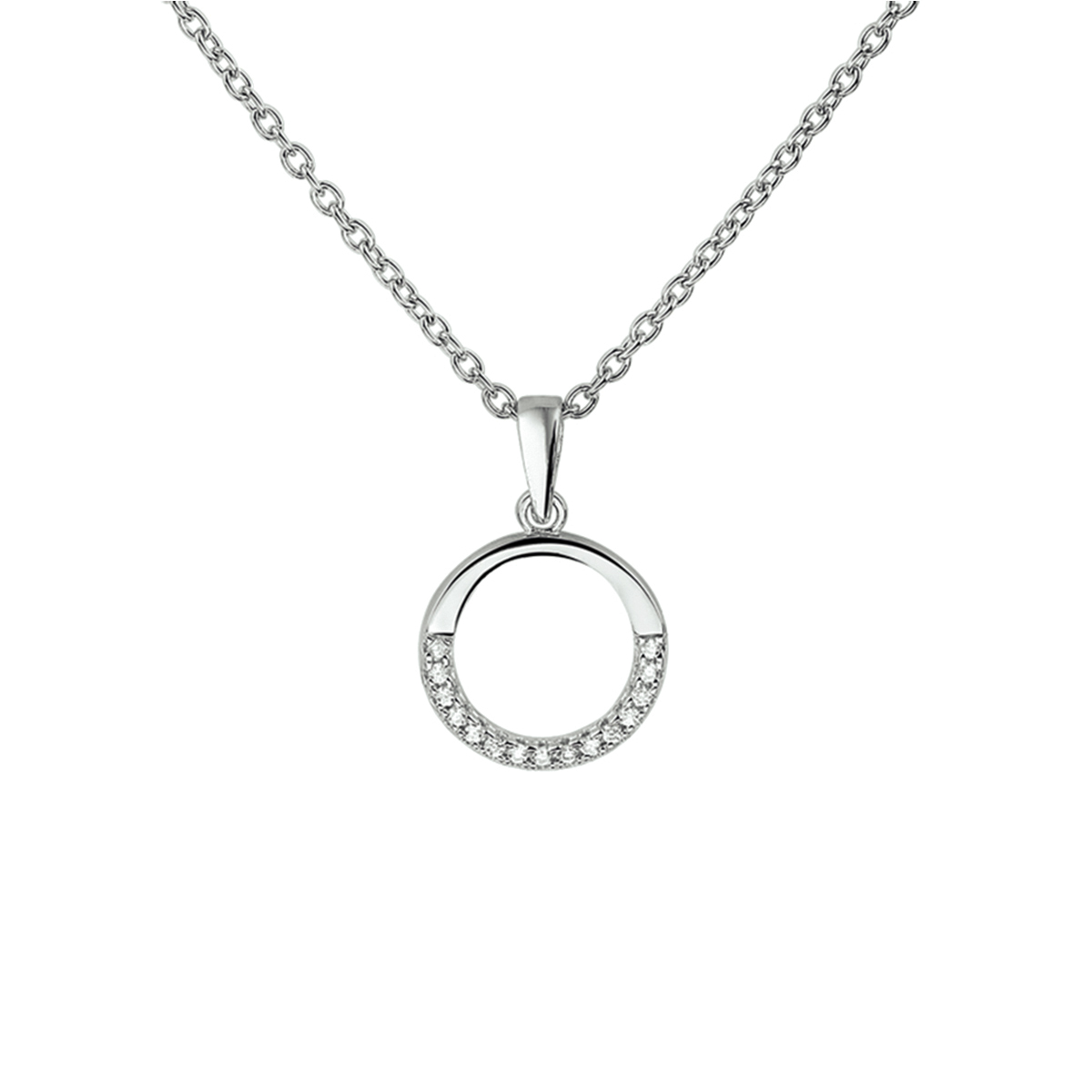 Zilveren collier gediamanteerd anker op 41 cm met extensie van 4 cm en schakelbreedte van 1.3 mm met een hanger in de vorm van een rondje met zirkonia's