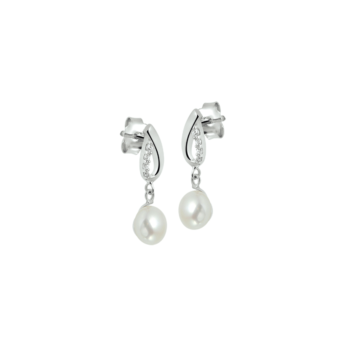 Gerhodineerd zilveren oorhangers met parel en zirkonia. De oorhangers hebben een totale hoogte van 21mm.
