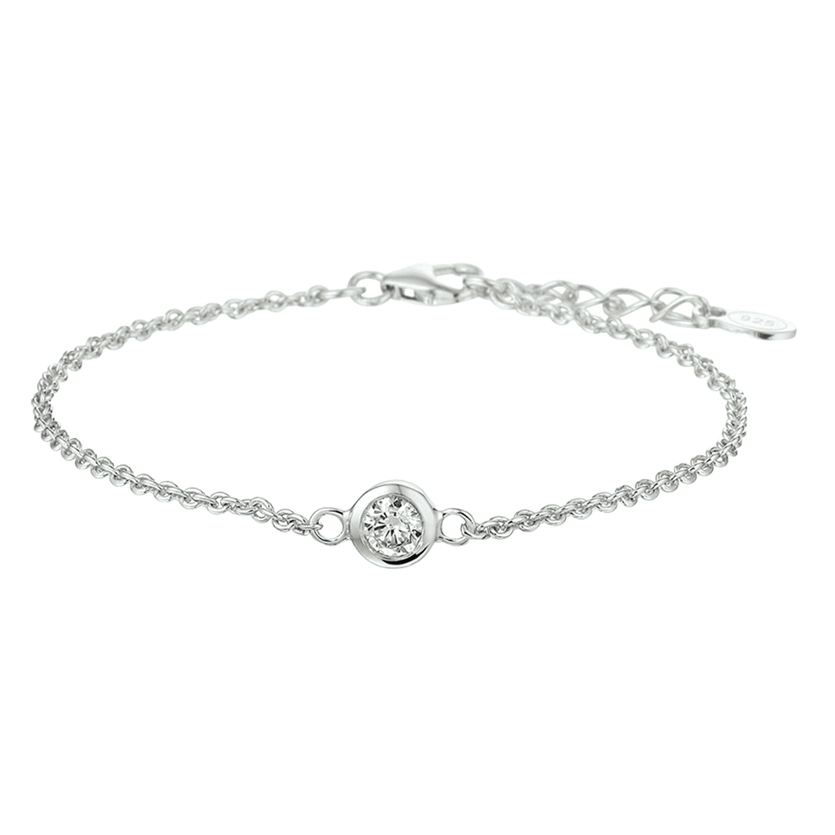 Gerhodineerd 925 zilveren armband met zirkonia. De lengte bedraagt 16.5cm met 1.5cm extensie en de schakelbreedte is 1.7mm.