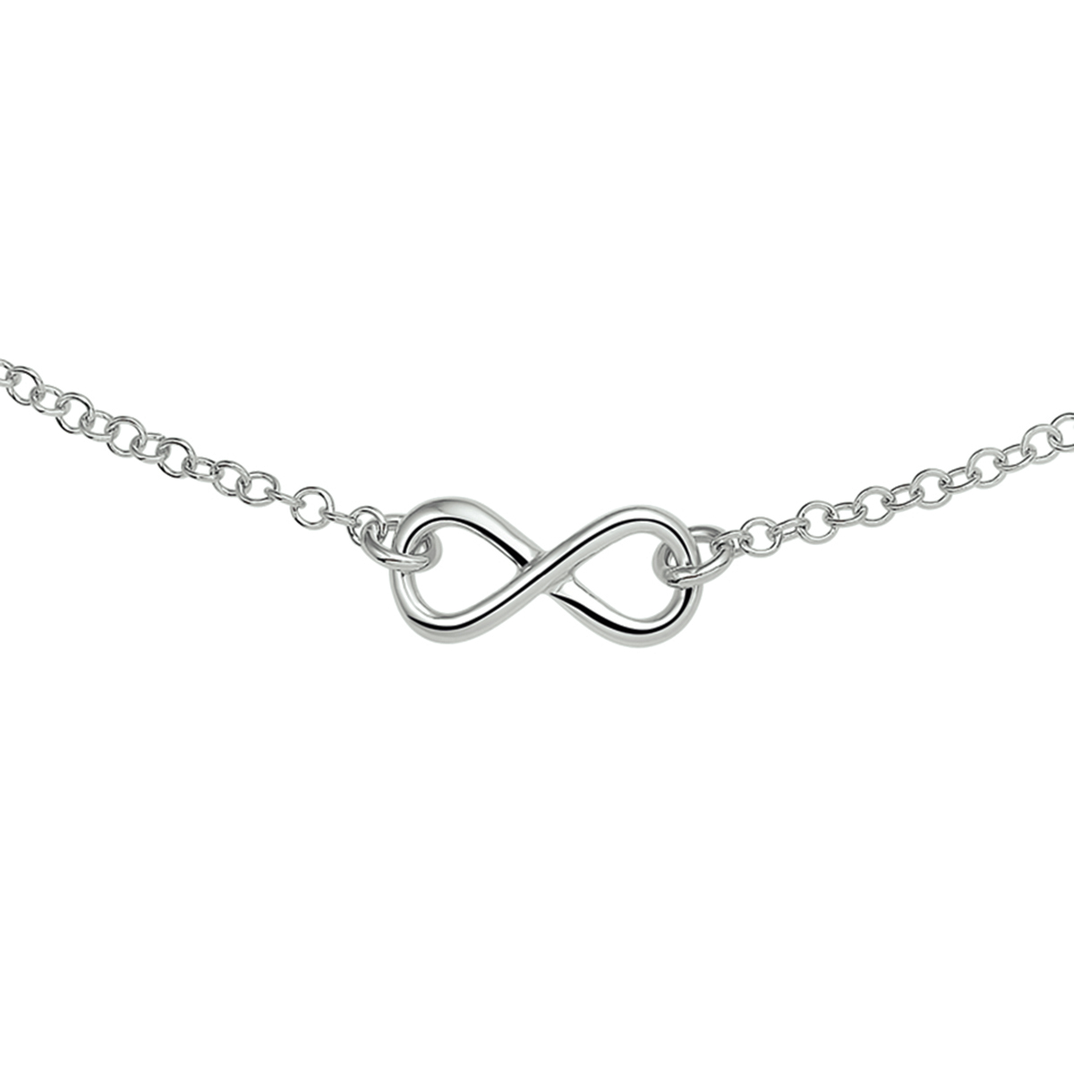 Gerhodineerd zilveren collier met infinity teken. Het collier is onderdeel van een set. De lengte van het collier bedraagt 40cm met 4cm extensie. De schakelbreedte bedraagt 2.1mm.