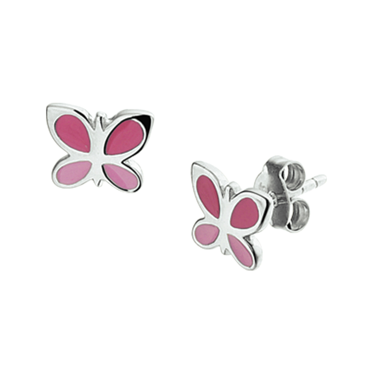 Gerhodineerd zilveren in rood en roze emaille uitgevoerde vlinder oorknoppen met een afmeting van 6.5x8mm. Deze oorknoppen zijn perfect te combineren met bijpassende sieraden uit onze collectie.