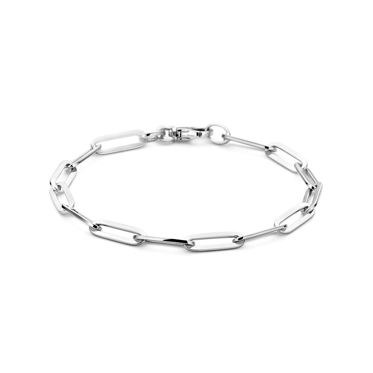 Gerhodineerd 925 zilveren paperclip armband uitgevoerd met een stevige karabijn sluiting. De armband heeft een schakelbreedte van 5mm en een draaglengte van 19cm.