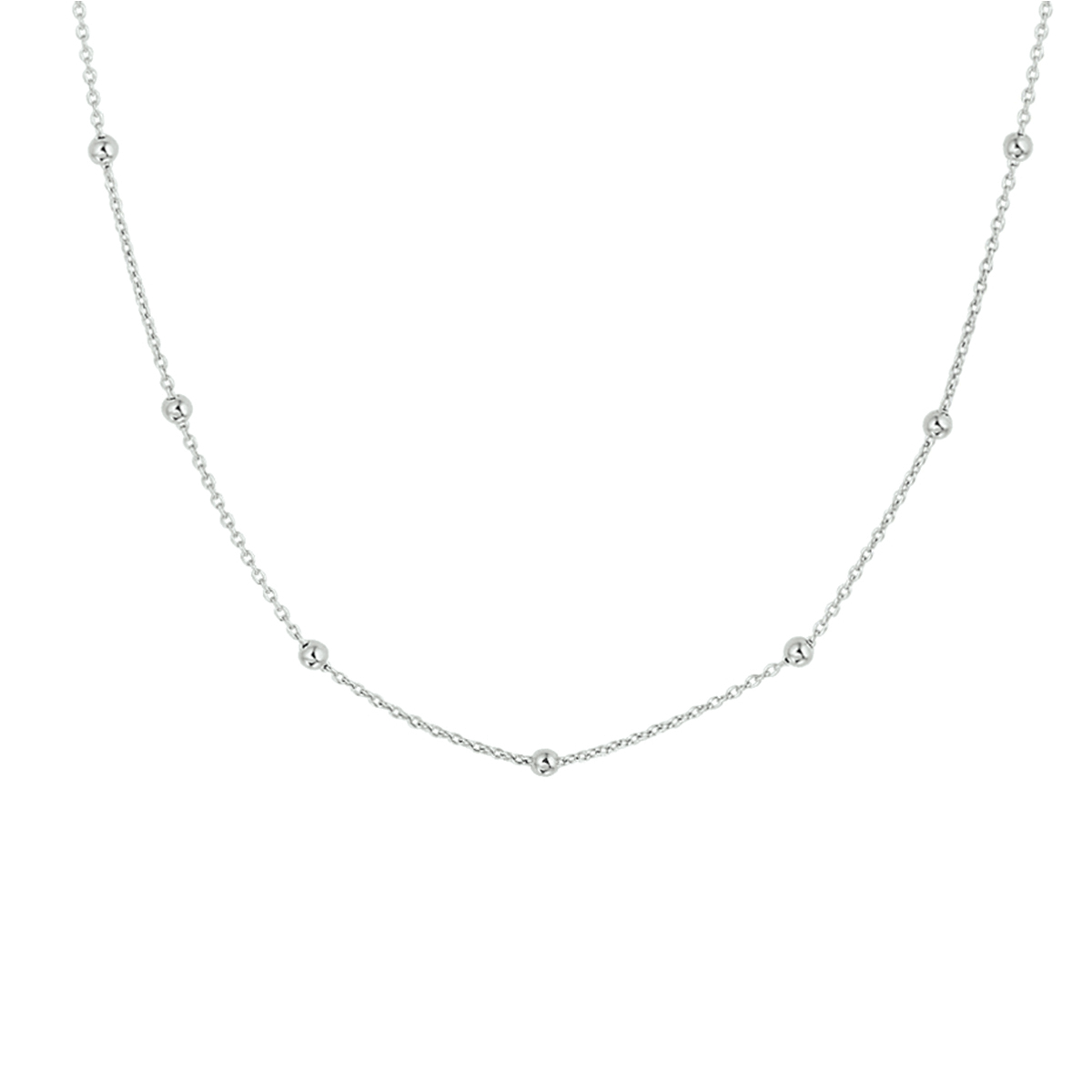 Gerhodineerd zilveren collier uitgevoerd met bolletjes van 2mm. Het collier heeft een schakelbreedte van 0.9mm en een draaglengte van 40cm met een extensie van 4cm.