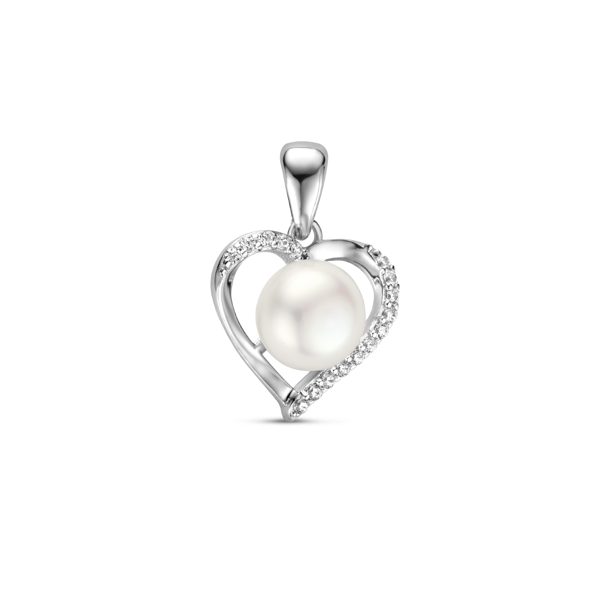 Gerhodineerd 925 zilveren hanger uitgevoerd met een zoetwaterparel en zirkonia rij. De hanger heeft een totale hoogte van 2.1cm en een breedte van 14.5mm. De parel heeft een diameter van 8mm.