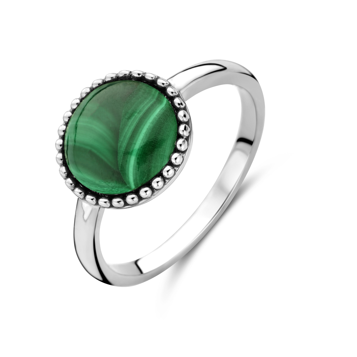 Gerhodineerd 925 zilveren ring uitgevoerd met malachiet. De ring heeft een diameter van 11mm.