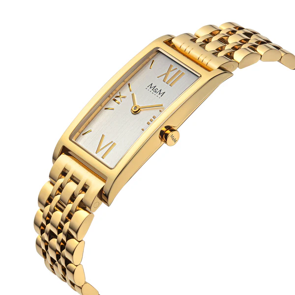 M&M Germany doubl&eacute; dameshorloge rechthoekig met zilverkleurige wijzerplaat en glanzende band
