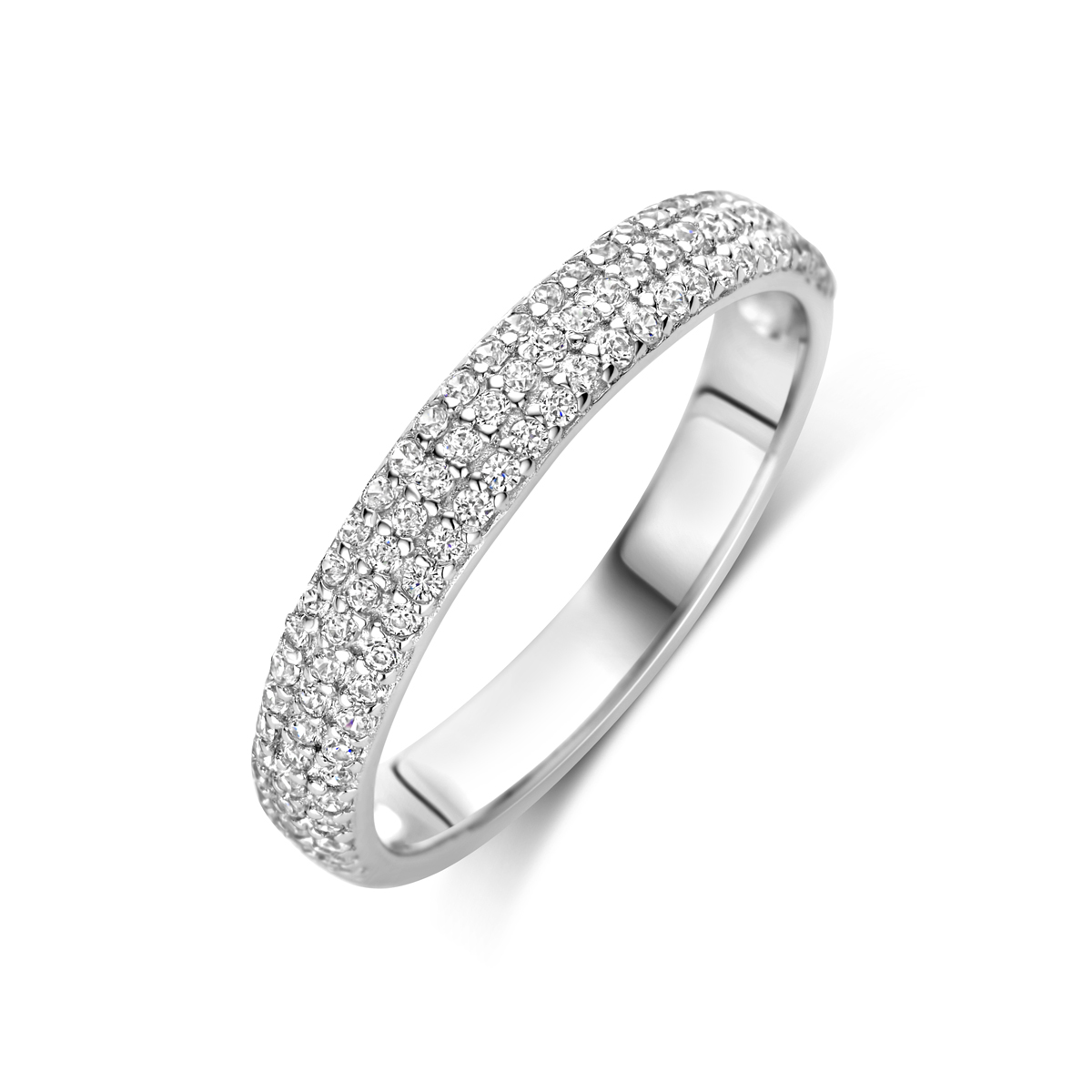 Gerhodineerd 925 zilveren ring uitgevoerd met zirkonia. De ring heeft een breedte van 3.5mm