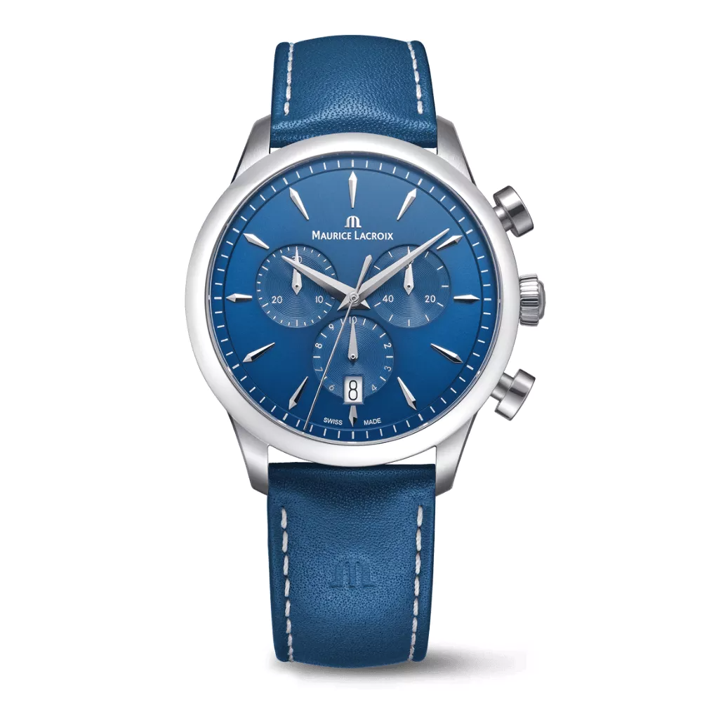 Maurice Lacroix - 1975 quartz chronograaf met blauwe lederen band, 100 meter WR, Saffierglas - 751038-SS001-430-4