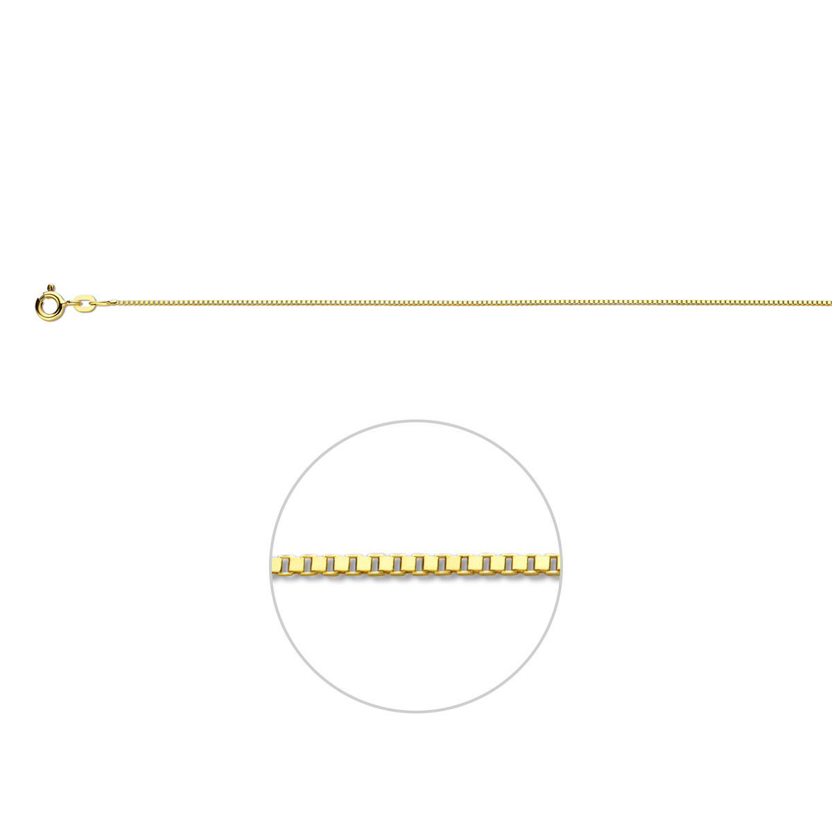 Geelgouden lengteartikel met venetiaanse schakel. De schakelbreedte is 0.8mm.