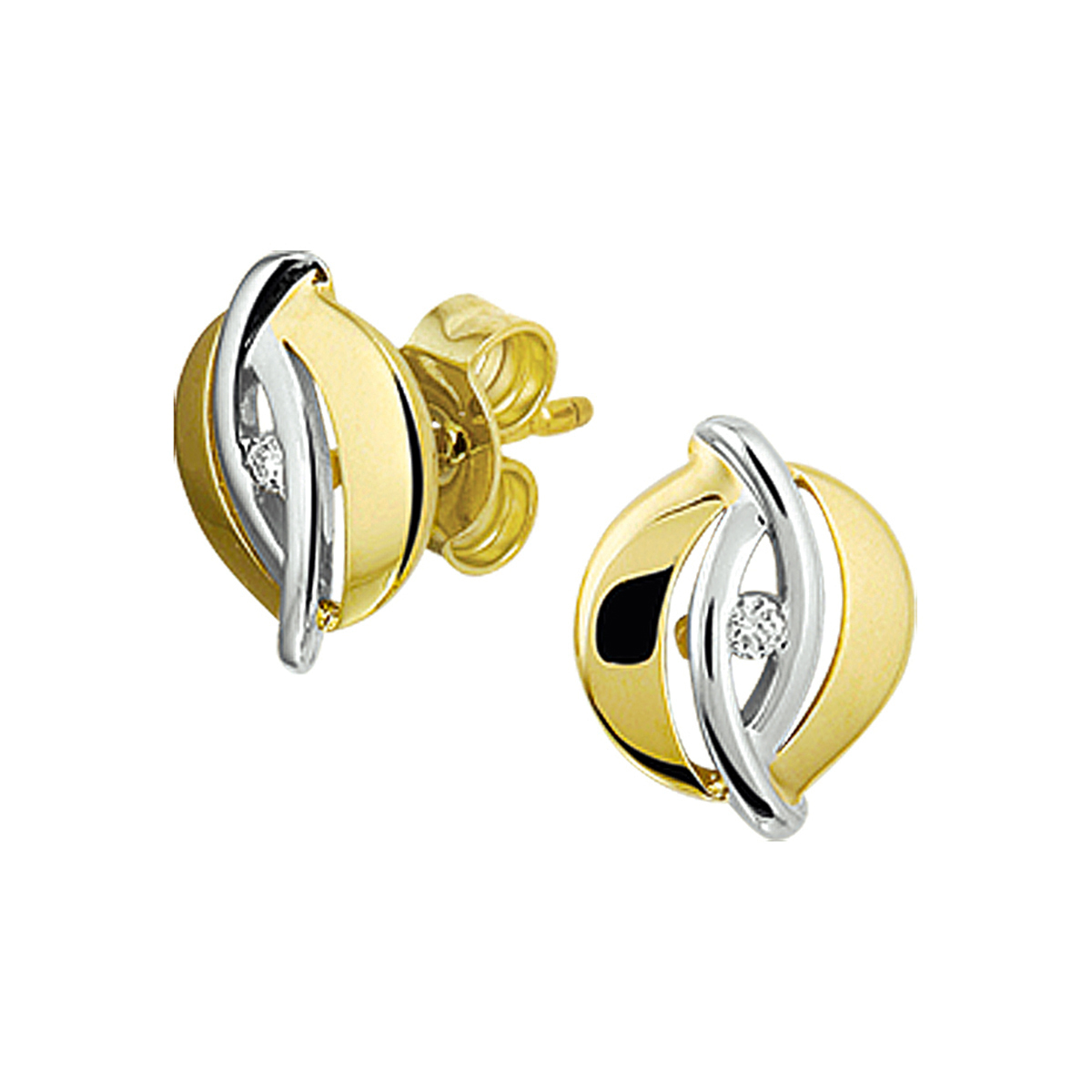 Bicolor wit- en geelgouden gestifte oorknoppen met diamant.