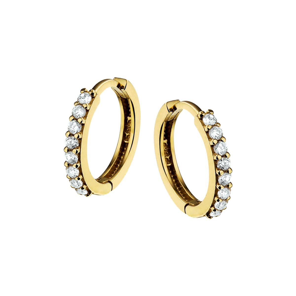 Geelgouden klapoorringen met een afmeting van 13.2x1.7mm uitgevoerd met een  luxe rijzetting van briljant geslepen zirkonia. De klapoorringen zijn ook verkrijgbaar in het witgoud en rosegoud.
