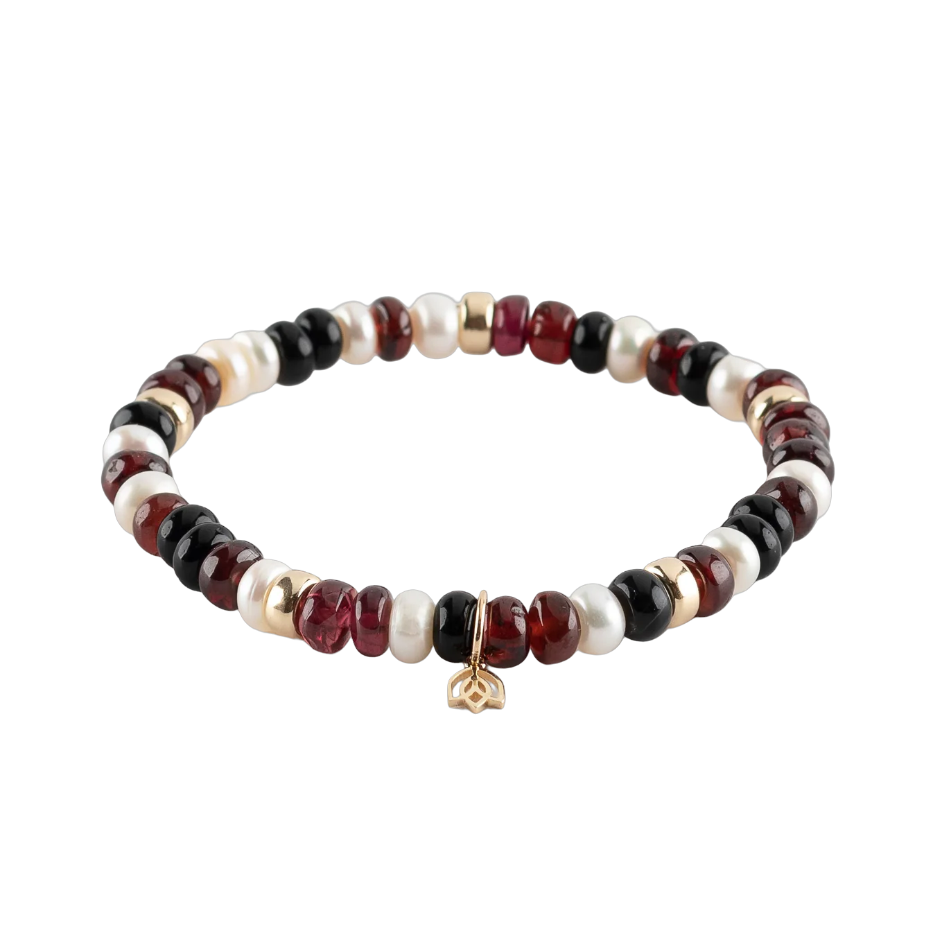 Y&G Edelsteen armband met rose kwarts, granaat en onyx
Edelstenen armband (6x4mm kralen) en Vijf 14 krt gouden beads & tulp logo.
