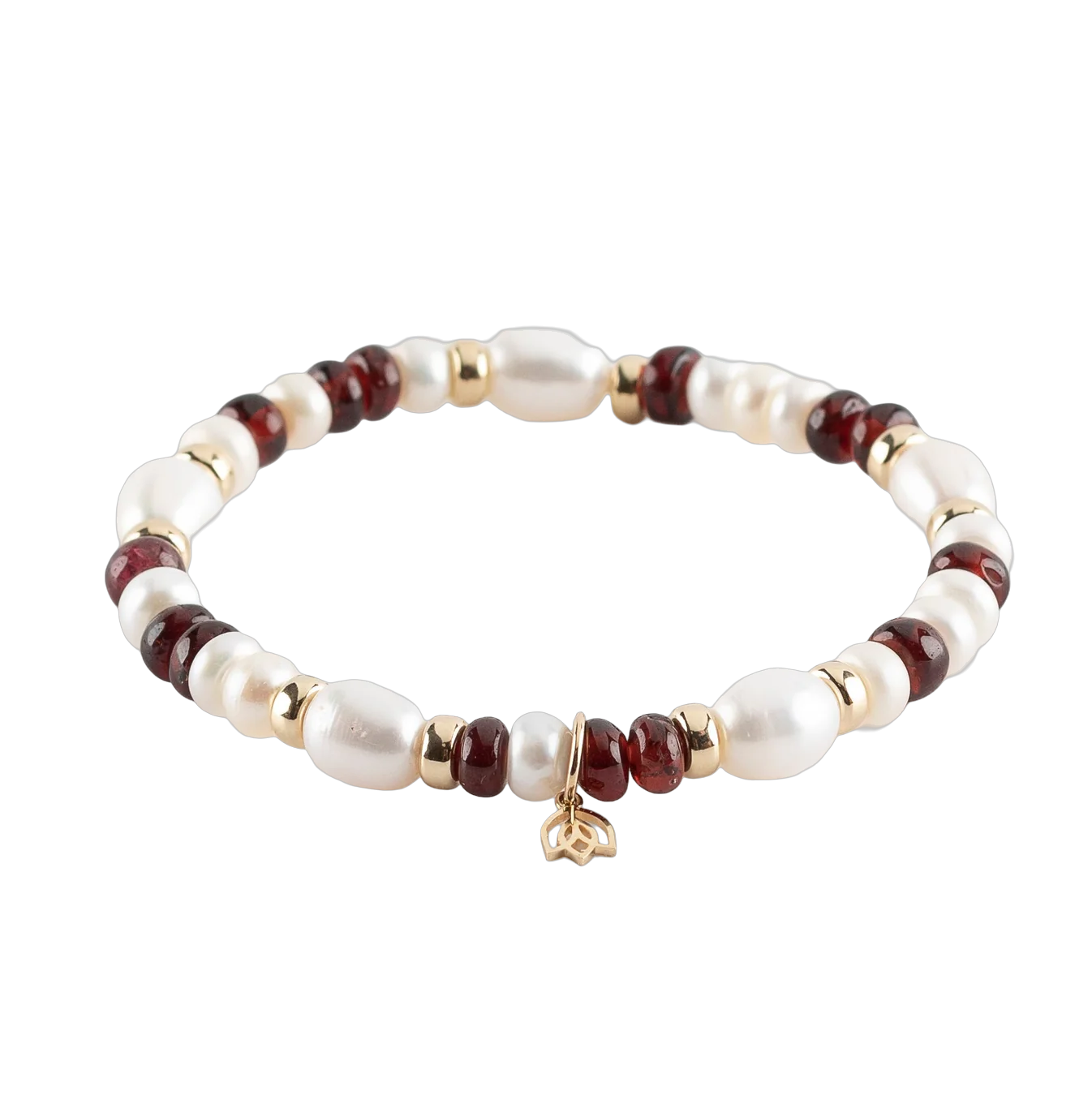 een Y&G edelstenen armband met Zoetwaterparels en granaat & 14k 10 goud beads& tulp logo.