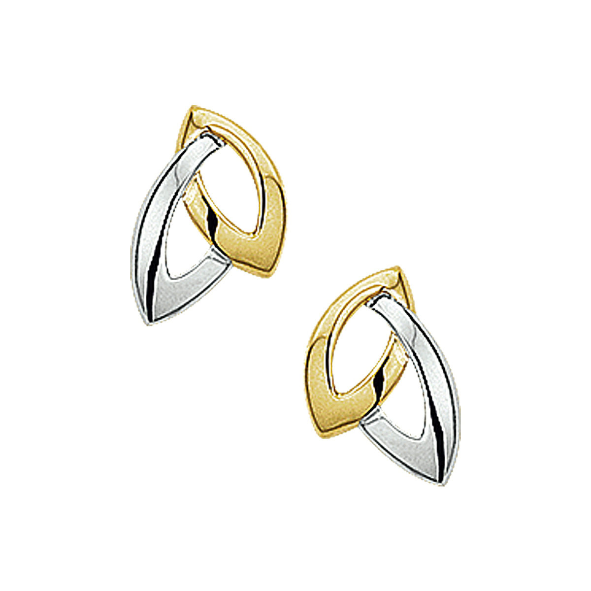 Bicolor wit- en geelgouden oorknoppen met een poli afwerking.