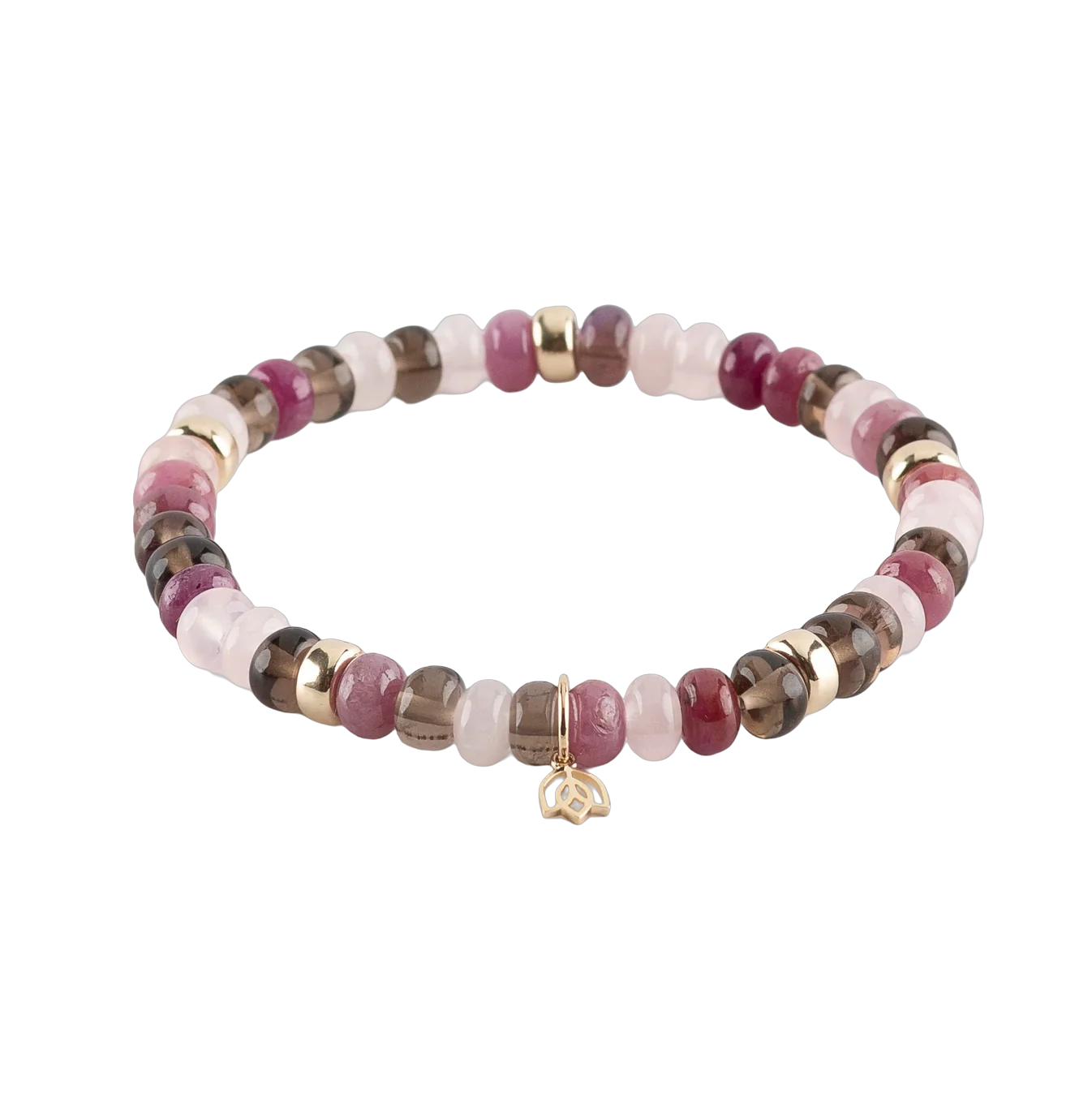 Y&G Edelsteen armband Roses &Chocolat, met Ruby, Tea Quarts en rose quarts. Edelstenen armband (6x4mm kralen) en Vijf 14 krt gouden beads & tulp logo.
