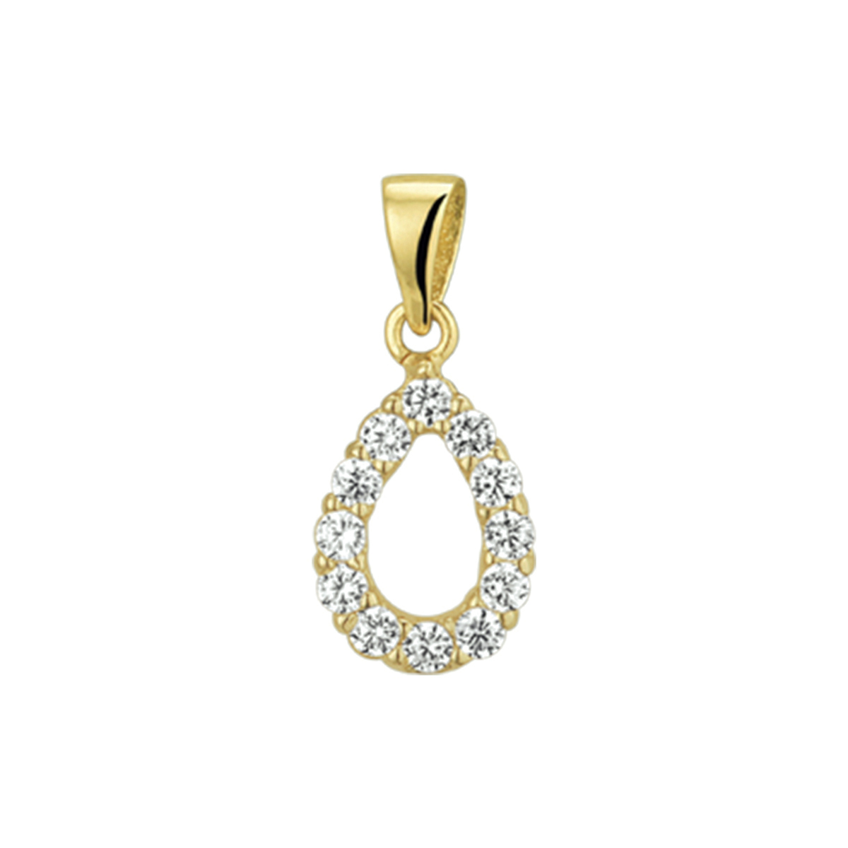 Geelgouden hanger met een totale hoogte van 1.4cm uitgevoerd met een druppelvorm belegd met briljant geslepen zirkonia in een luxe rijzetting van 11x6.5mm. De hanger is te combineren met bijpassende sieraden uit onze collectie.