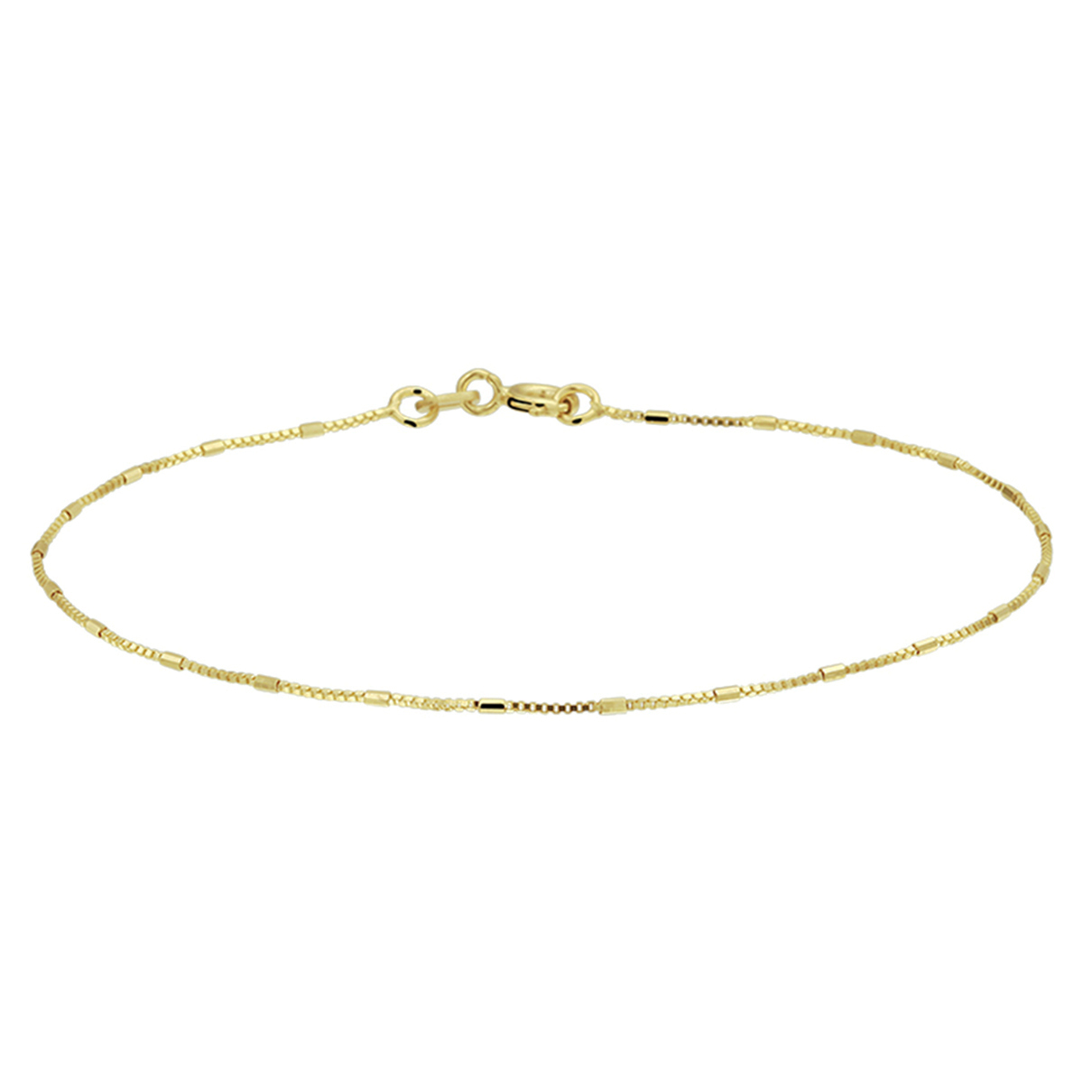Geelgouden 0.9mm venetiaanse armband uitgevoerd met staafjes en stevige veerring sluiting. De armband is te combineren met bijpassend collier uit onze collectie.