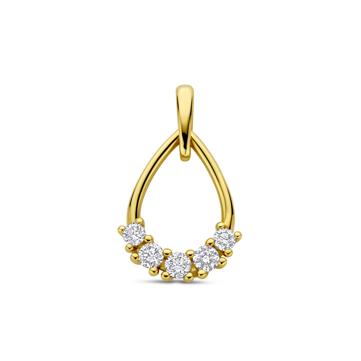 14k Geelgouden hanger uitgevoerd met lab grown diamant. De hanger heeft een totale hoogte van 21mm. Het totale diamantgewicht is 0.32ct. Onder extreem hoge druk en temperatuur wordt het natuurlijk ontstaansproces nagebootst met als eindresultaat een diamant met dezelfde chemische eigenschappen maar met een andere oorsprong.
