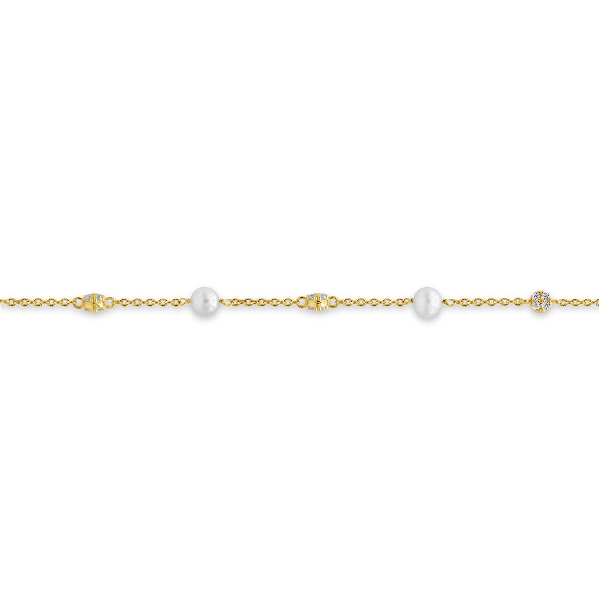 Armband geel 18 kt met afwisselend parel en fantasie gezet met zirconia