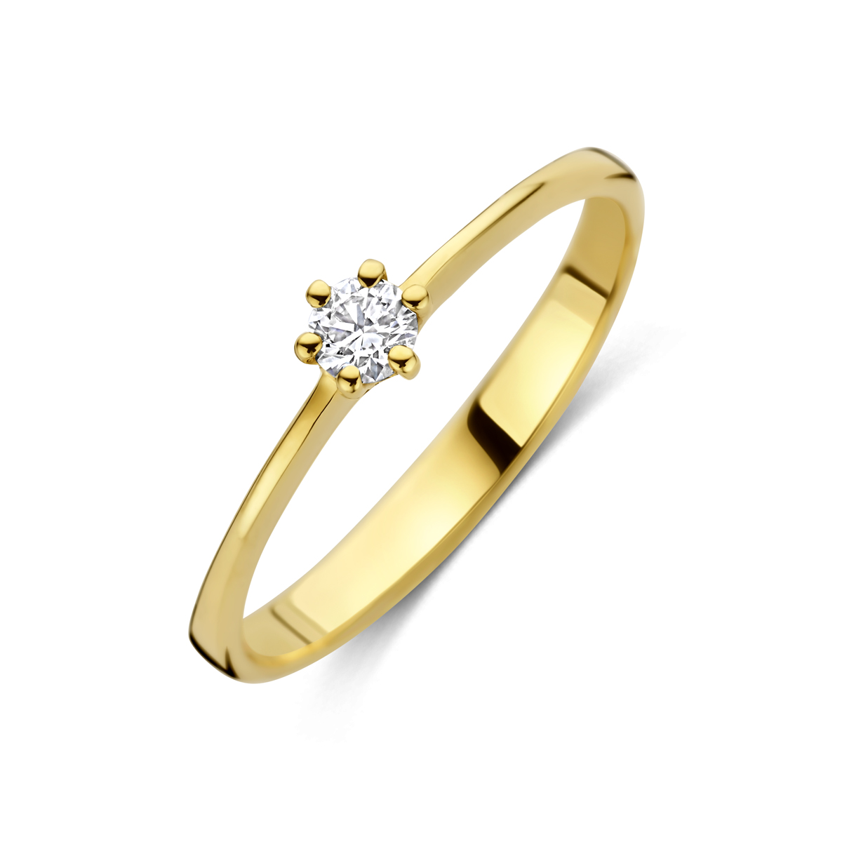 14k Geelgouden ring uitgevoerd met lab grown diamant. De ring heeft een breedte van 4mm. Het totale diamantgewicht is 0.10ct. Onder extreem hoge druk en temperatuur wordt het natuurlijk ontstaansproces nagebootst met als eindresultaat een diamant met dezelfde chemische eigenschappen maar met een andere oorsprong.