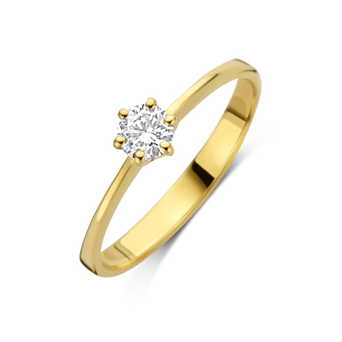 14k Geelgouden ring uitgevoerd met lab grown diamant. De ring heeft een breedte van 5mm. Het totale diamantgewicht is 0.25ct. Onder extreem hoge druk en temperatuur wordt het natuurlijk ontstaansproces nagebootst met als eindresultaat een diamant met dezelfde chemische eigenschappen maar met een andere oorsprong.