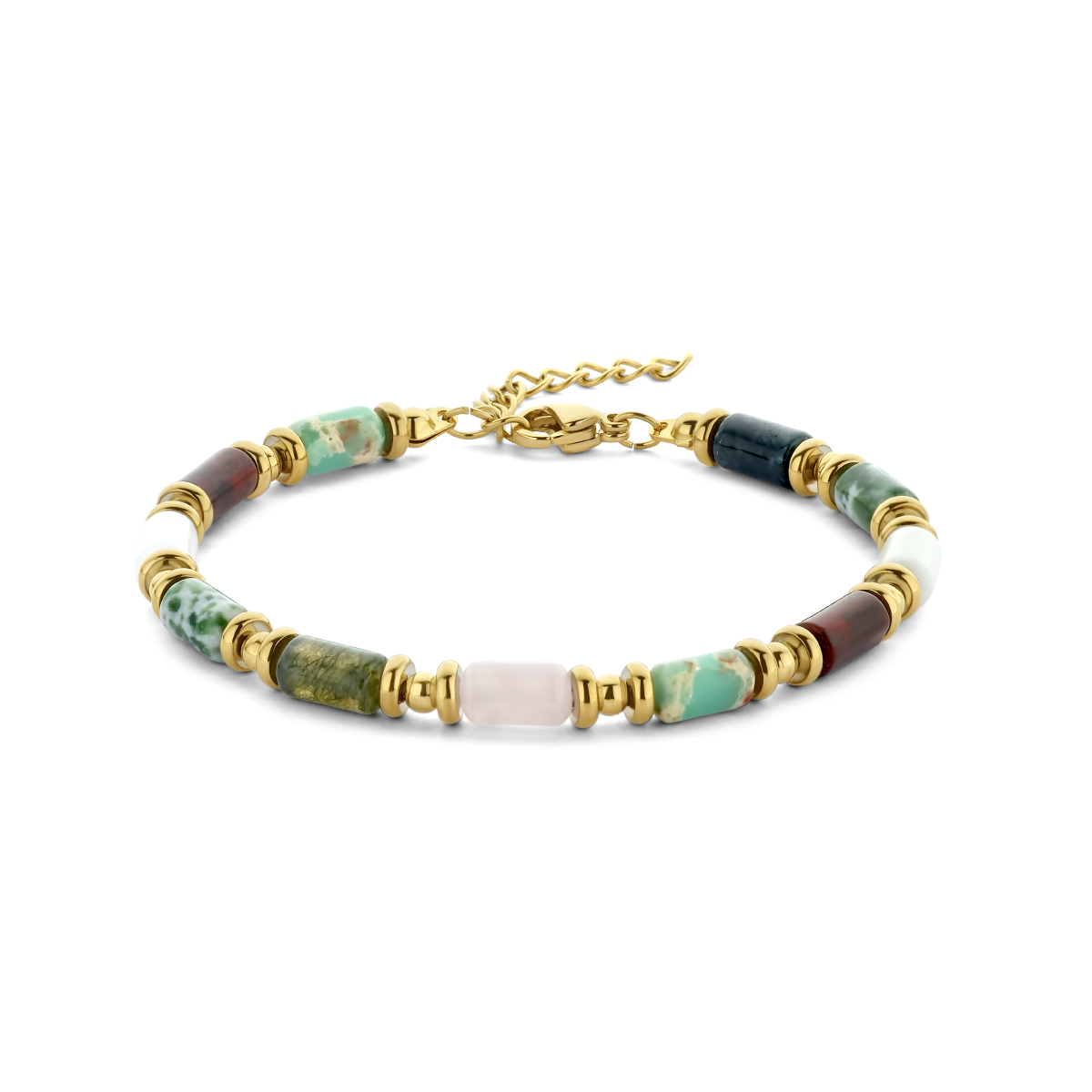 Stalen armband natuursteen 4.5mm 19cm. Howliet, rozenkwarts, paars aventurijn, indiaas agaat en groen jaspis.