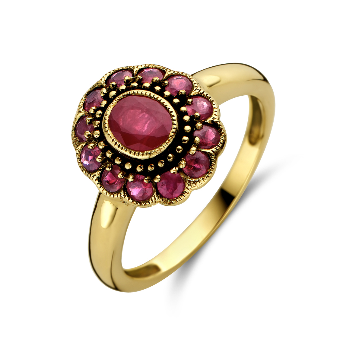 14k Geelgouden ring uitgevoerd met robijn. De ring heeft een breedte van 12.5mm.
