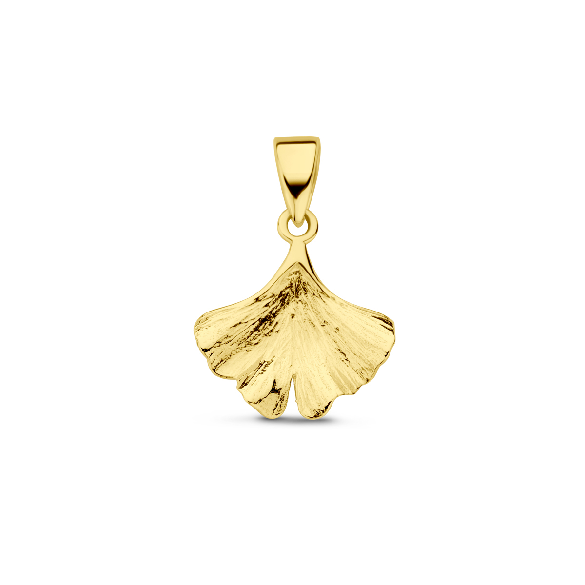 14k Geelgouden hanger in de vorm van een ginkgo blad met een totale hoogte van 18mm.