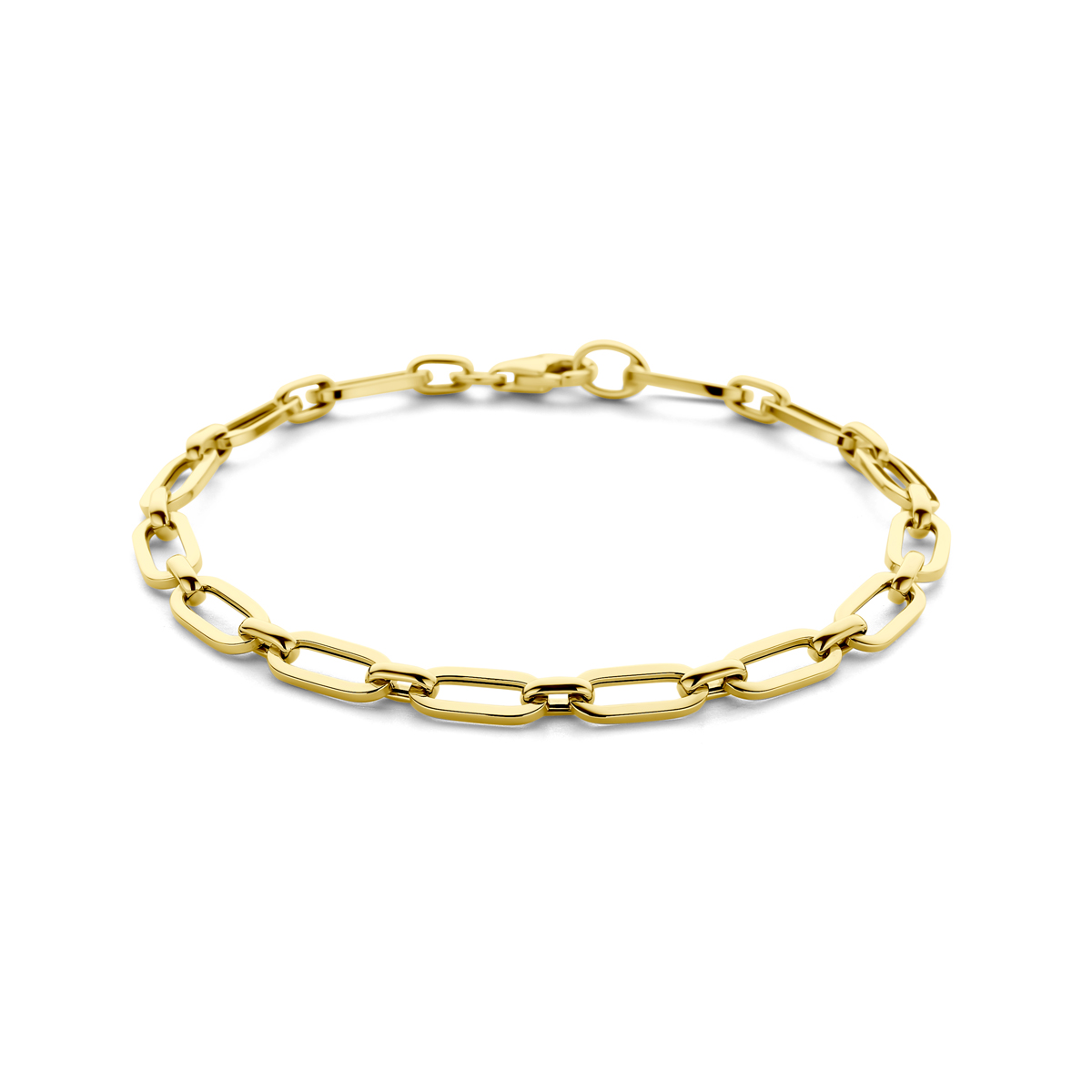 14k Geelgouden armband met een schakelbreedte van 5mm en een draaglengte van 19cm. Uitgevoerd met karabijnsluiting.