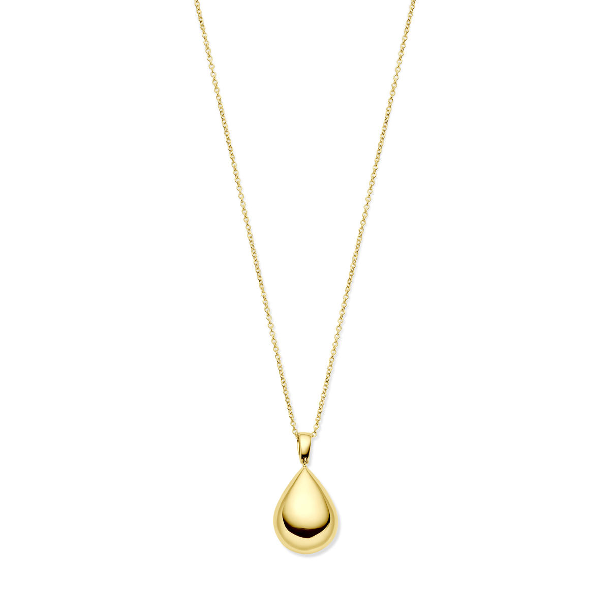 14k Geelgouden collier uitgevoerd met een druppel. Het collier heeft een draaglengte van 45cm en een schakelbreedte van 1.2mm. Uitgevoerd met karabijnsluiting.