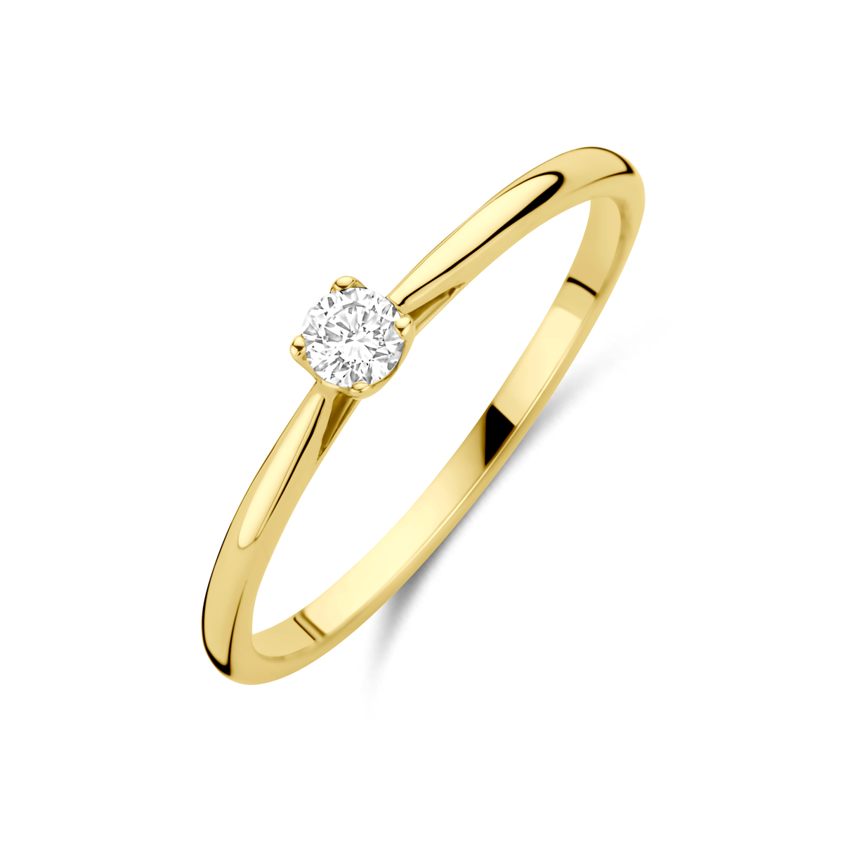 14k Geelgouden ring uitgevoerd met lab grown diamant. De ring heeft een breedte van 3.0mm. Het diamantgewicht is 0.10ct. Lab grown diamanten zijn diamanten die ontstaan in een laboratorium. Onder extreem hoge druk en temperatuur wordt het natuurlijk ontstaansproces nagebootst met als eindresultaat een diamant met dezelfde chemische eigenschappen maar met een andere oorsprong.