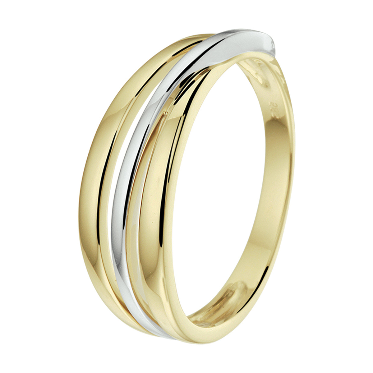 14k Bicolor geel- en witgouden ring. De ring heeft een breedte van 6mm.