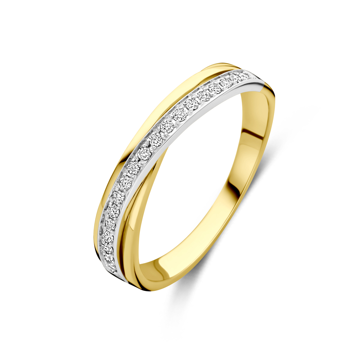 14k Bicolor geel en witgouden ring uitgevoerd met diamant. De ring heeft een breedte van 4mm en het diamantgewicht is 0.13ct.