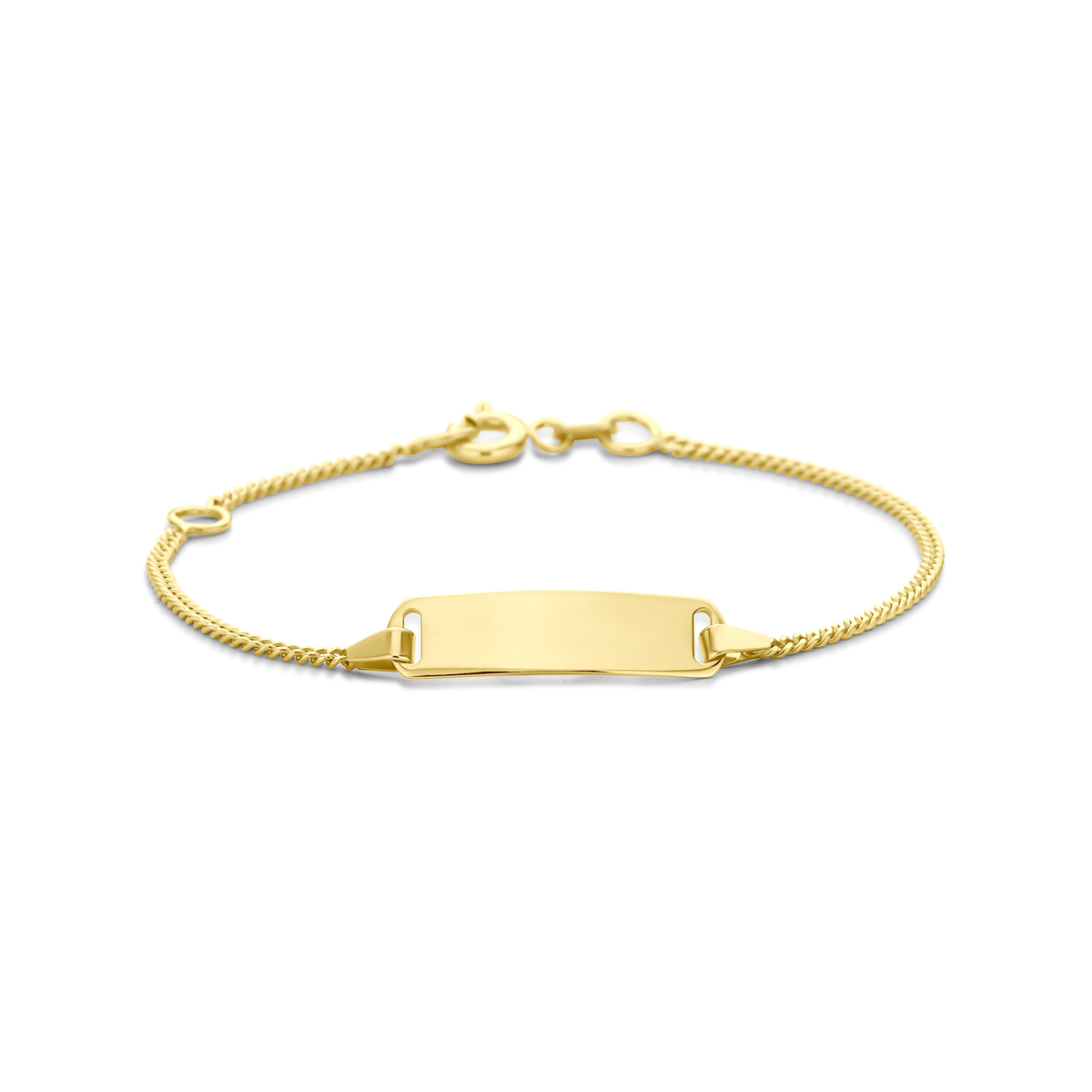 14k Geelgouden graveerarmband uitgevoerd met graveerplaat, het graveerplaatje heeft een afmeting van 5.0x19.5mm. De armband heeft een schakelbreedte van 1.4mm en draaglengtes van 11-13cm. De dikte van de graveerplaat is 0.5mm. Uitgevoerd met karabijnsluiting.