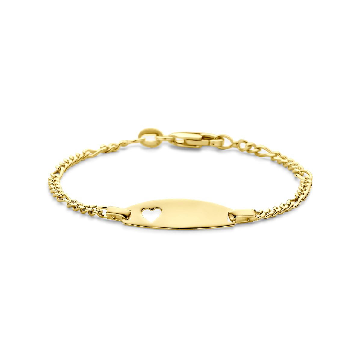 14k Geelgouden graveerarmband met een hartje. De armband heeft draaglengtes van 11-13cm. Het graveerplaatje heeft een afmeting van 6.5x20mm. Uitgevoerd met karabijnsluiting.