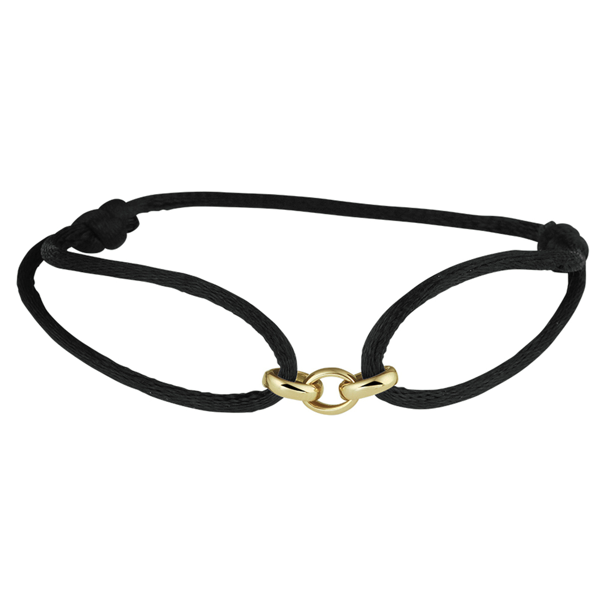 Zwart gevlochten armband uitgevoerd met 14k geelgouden schakels. De armband heeft draaglengtes van 13 tot 26cm. De schakels hebben een breedte van 5mm.