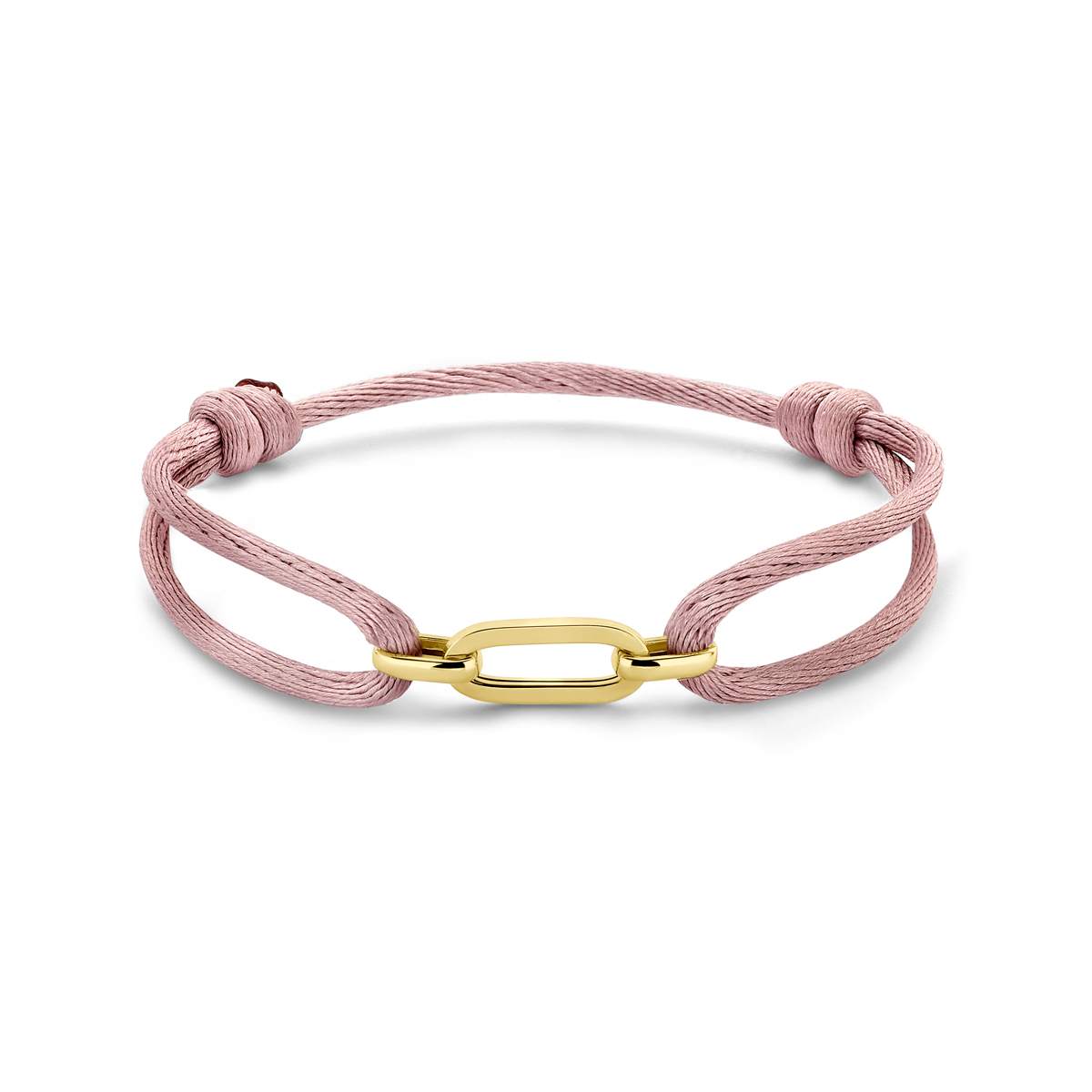 Zacht roze gevlochten armband uitgevoerd met 14k geelgouden element. De armband heeft draaglengtes van 13 tot 26cm. Het element heeft een breedte van 6mm.