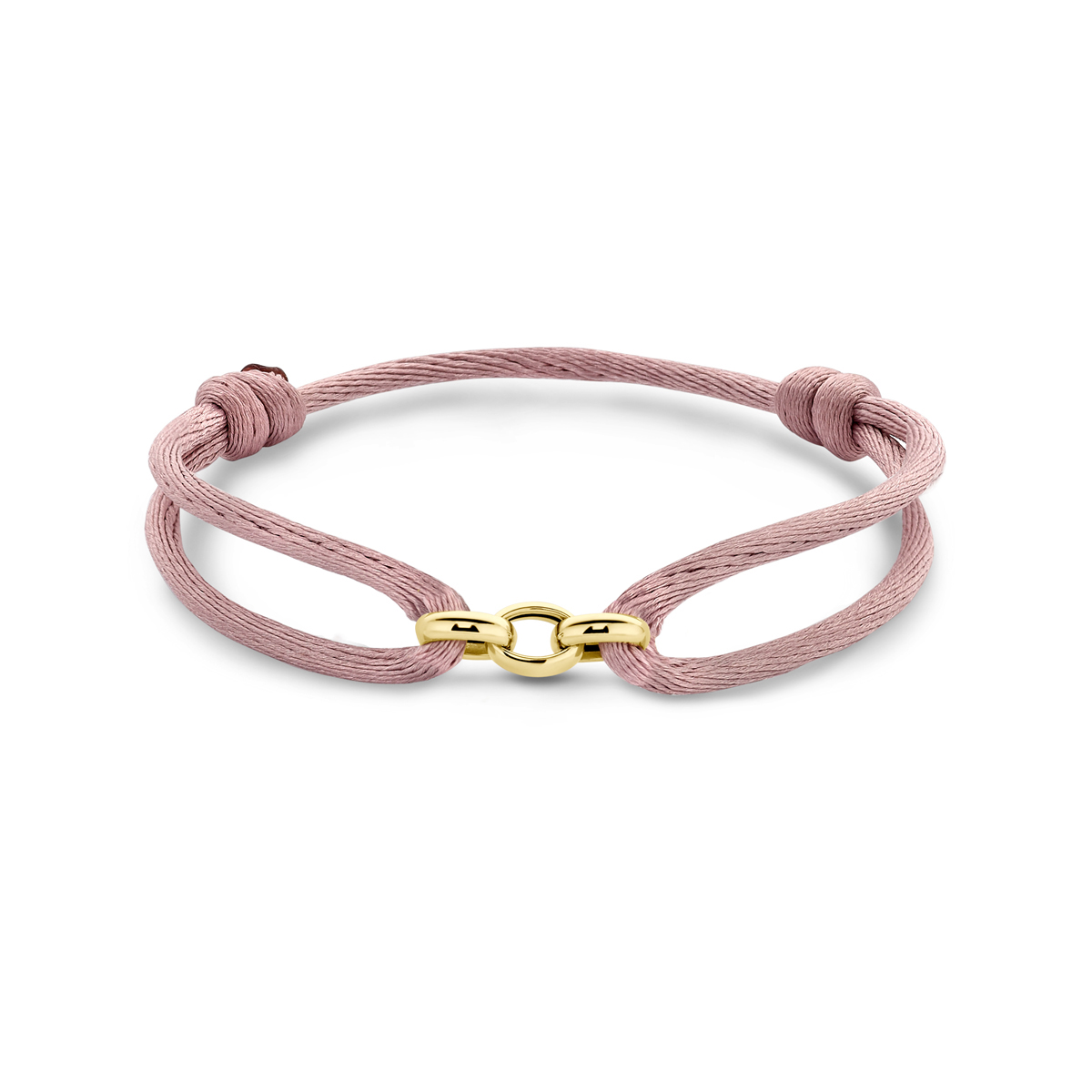Zacht roze gevlochten armband uitgevoerd metdrie in elkaar 14k geelgouden ringetjes met een diameter van 5mm. De armband heeft draaglengtes van 13 tot 26cm.