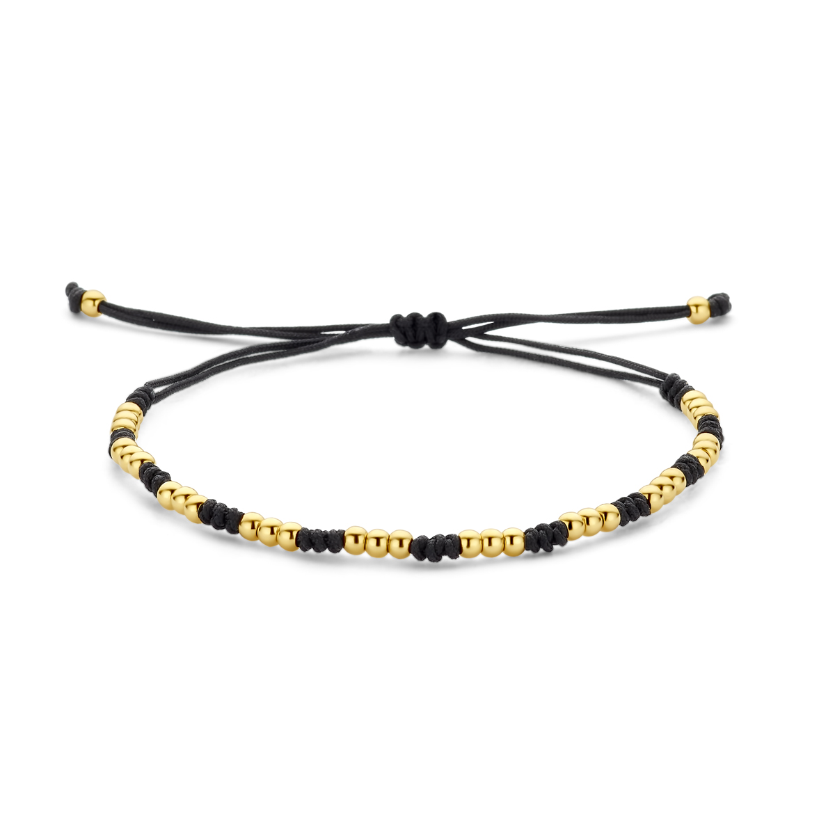 Zwart gevlochten armband uitgevoerd met 14k geelgouden bolletjes. De armband heeft een draaglengtes van 12-24cm.