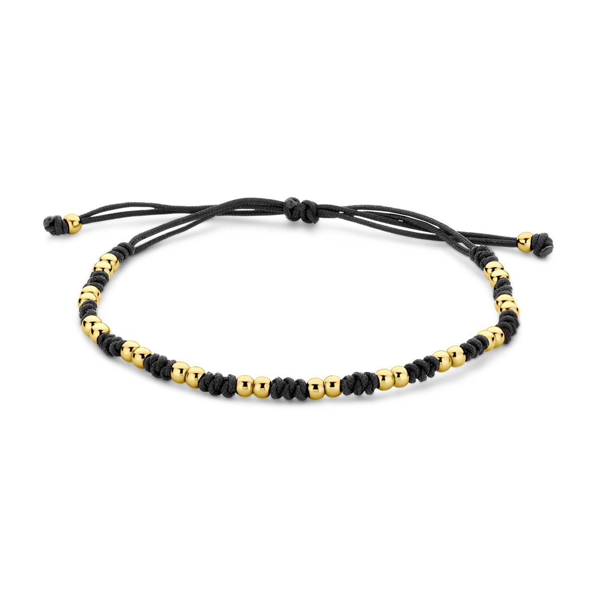Zwart gevlochten armband uitgevoerd met 14k geelgouden bolletjes. De armband heeft een draaglengtes van 12-24cm.