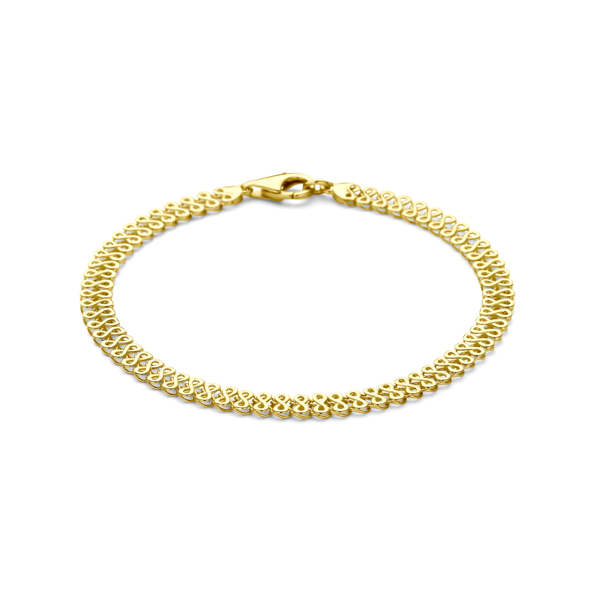 14k Geelgouden armband met een schakelbreedte van 5mm. De armband heeft een draaglengte van 19cm. Uitgevoerd met karabijnsluiting.