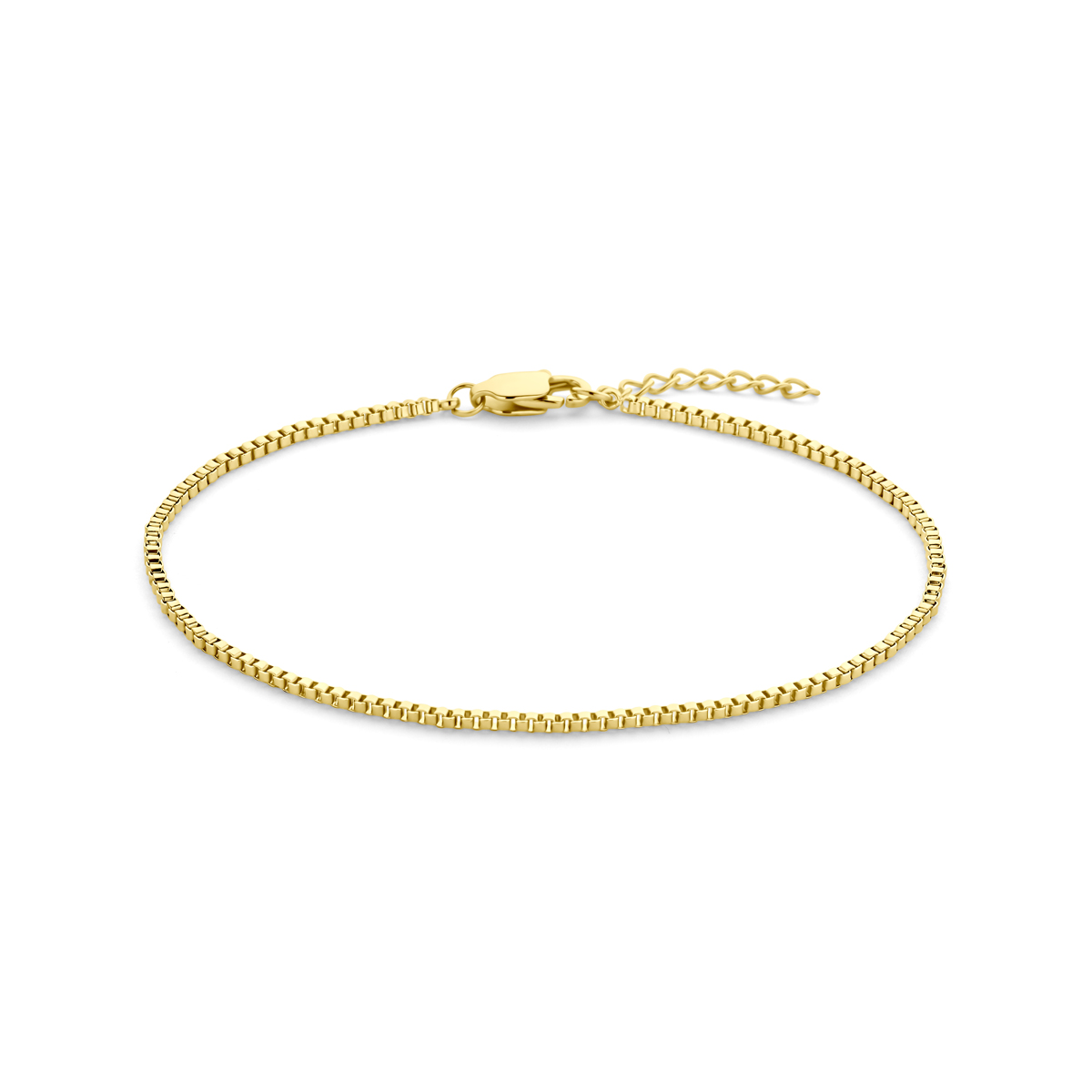 Stalen armband met een schakelbreedte van 1.5mm en een draaglengte van 19cm met 2cm extensie. De armband heeft een geel gekleurde ion plating en is uitgevoerd met karabijnsluiting.