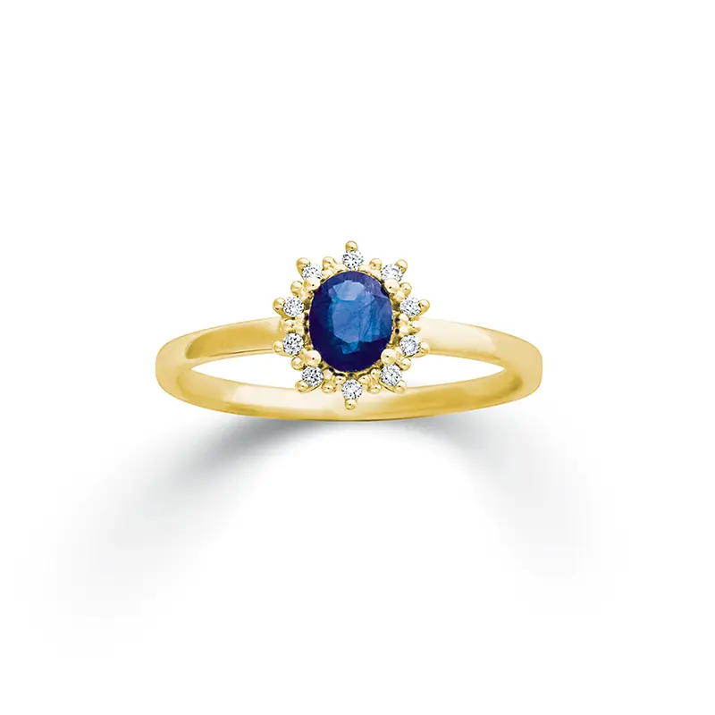Huiscollectie 14krt geelgouden ring met saffier en diamant (0,05ct), model Lady Di, is een verfijnd en elegant sieraad. Deze ring straalt luxe uit. Perfect voor speciale gelegenheden. Een tijdloze toevoeging aan elke sieradencollectie.